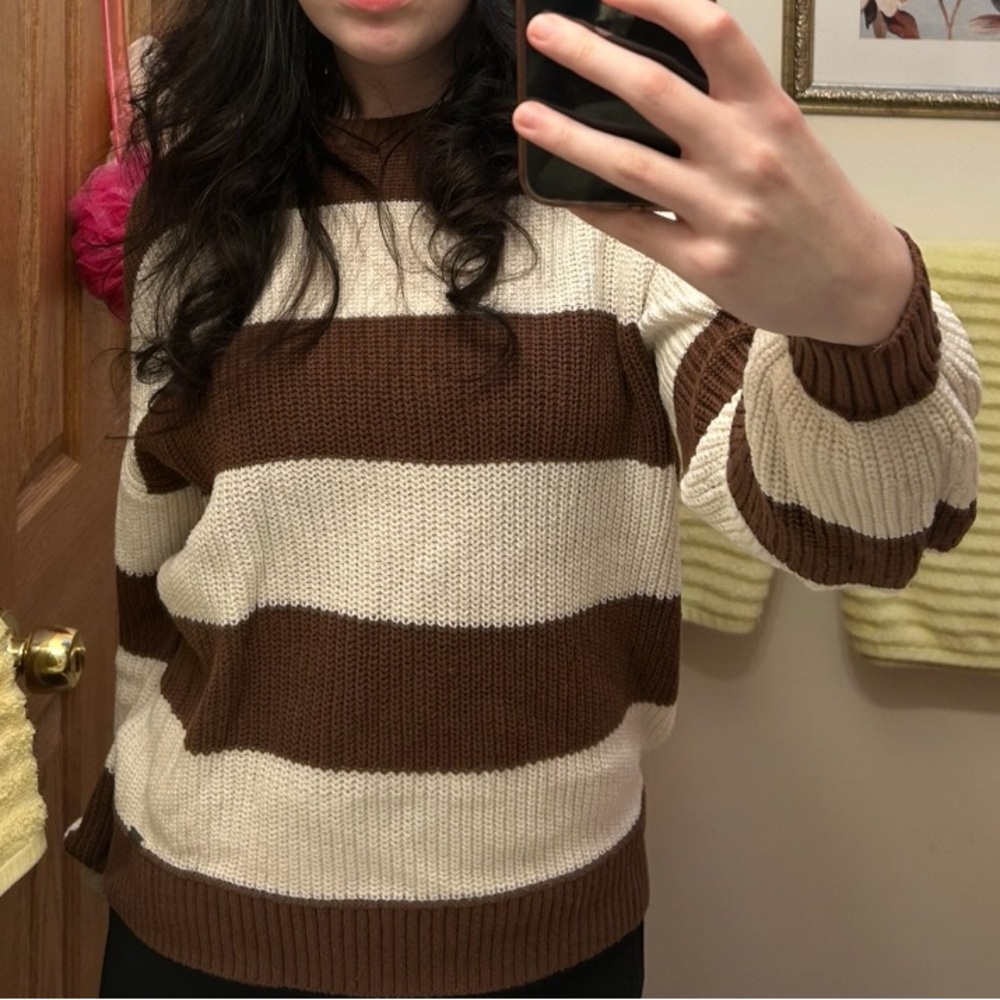 Hollister Brown and Cream Striped Crew Neck Sweater